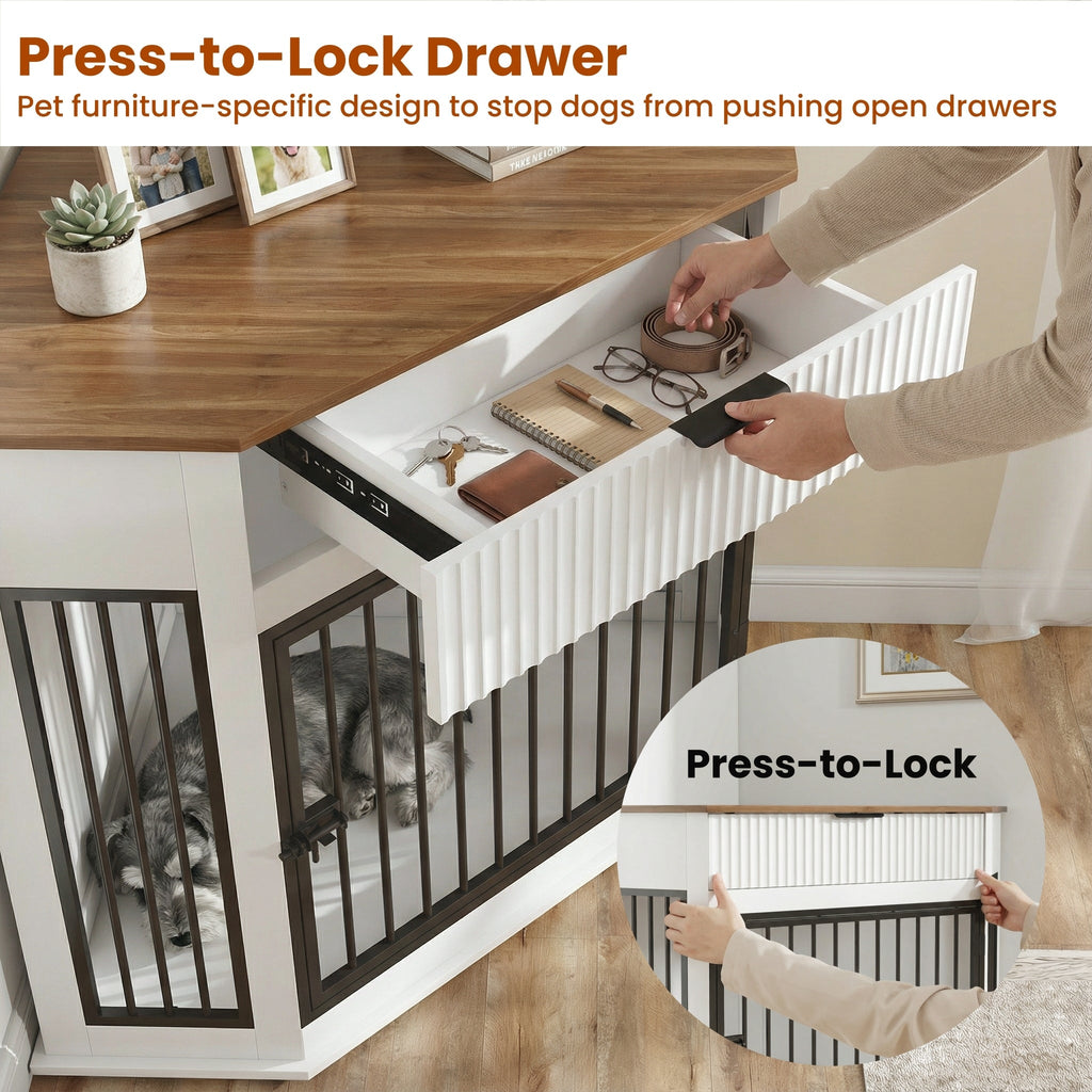 Corner Dog Crate Furniture with Fluted Drawer – MDF Wooden Dog